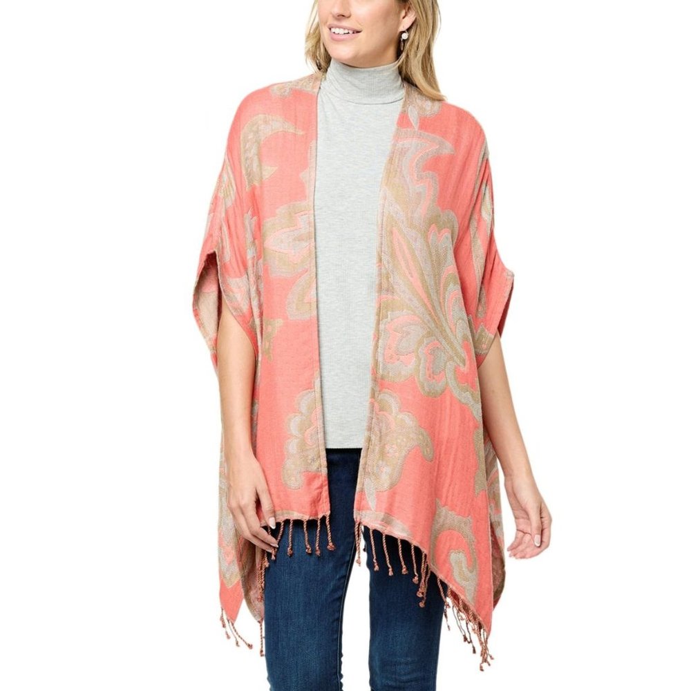 NWT Colleen Lopez Paisley Jacquard Ruana Kimono Top Cardigan with Fringe Trim
